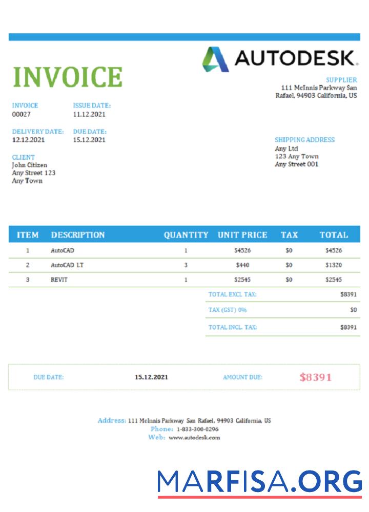 Downloadable USA Autodesk invoice template